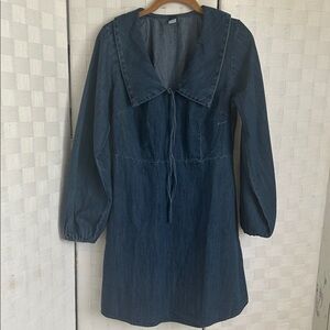 Old Navy Dark Blue Denim Midi Dress with Tie Collar